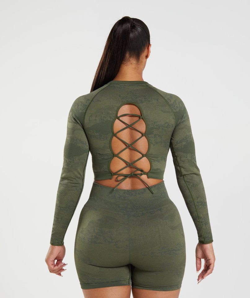 Women\'s Gymshark Adapt Camo Seamless Lace Up Back Top T-Shirts Olive | NZ 4YZVPT